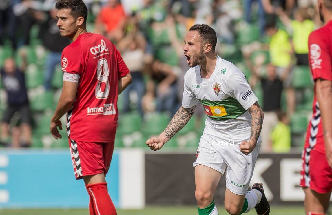 Iván Sánchez celebra su gol al Real Murcia en el playoff de ascenso a Segunda / Sonia Arcos - Elche C.F.