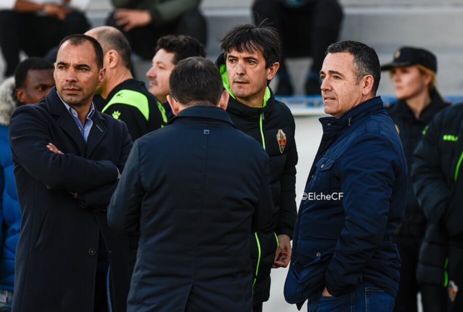 El entrenador Pacheta, el presidente del Elche Diego García y el director deportivo Jorge Cordero / Sonia Arcos - Elche C.F.